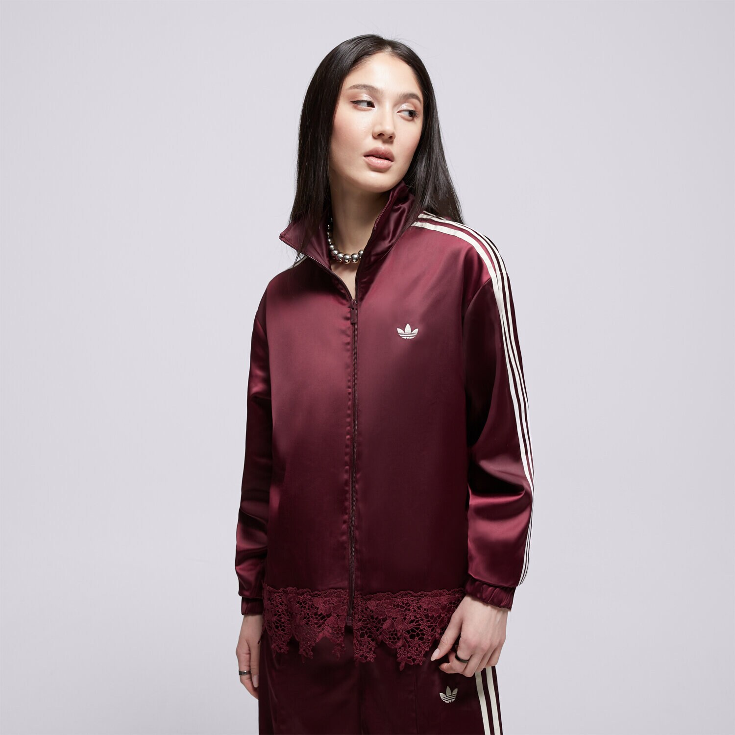 Damen ADIDAS SWEATSHIRT MIT REIßVERSCHLUSS SATIN   LACE TRACK TOP LD1804 Dunkelrot