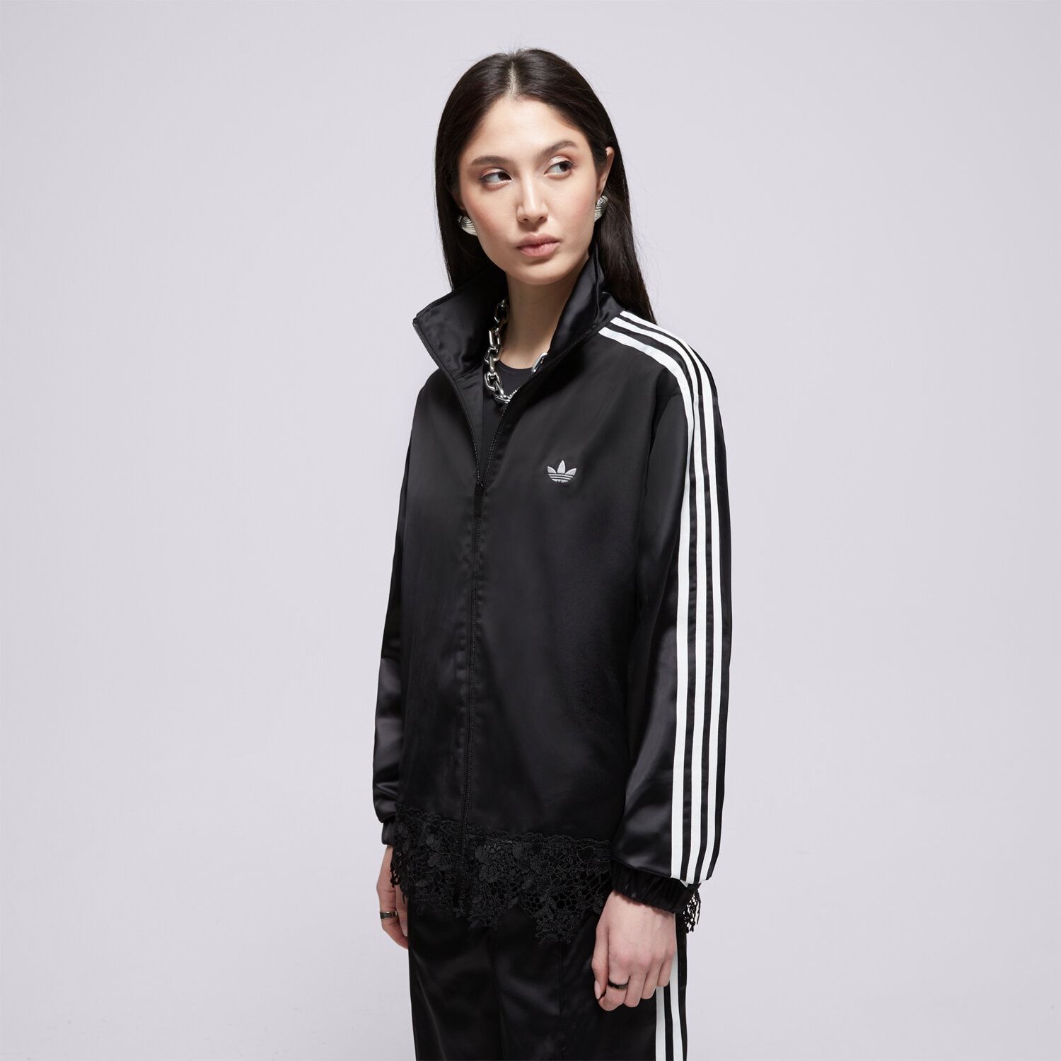 Damen ADIDAS SWEATSHIRT MIT REIßVERSCHLUSS SATIN   LACE TRACK TOP LF2670 Schwarz