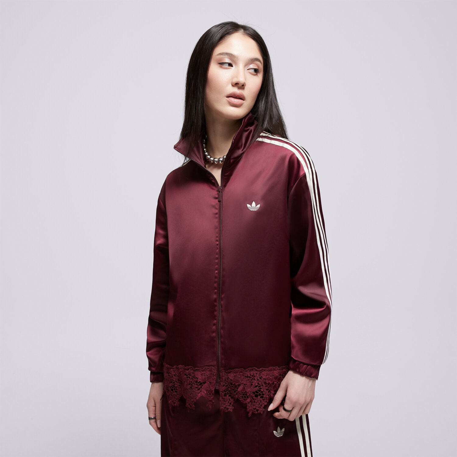Damen ADIDAS SWEATSHIRT MIT REIßVERSCHLUSS SATIN   LACE TRACK TOP LD1804 Dunkelrot
