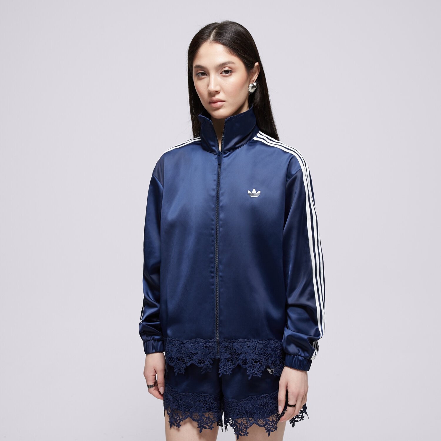 Damen ADIDAS SWEATSHIRT MIT REIßVERSCHLUSS SATIN   LACE TRACK TOP LD1803 Dunkelblau