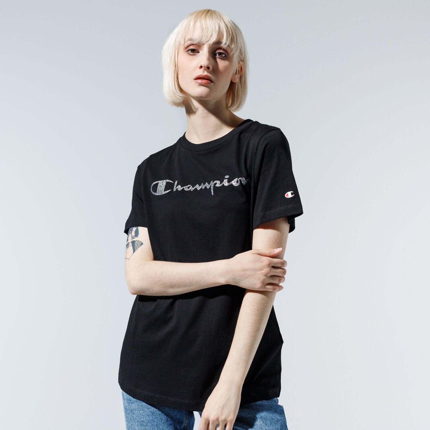 Damen T-Shirt CHAMPION T-SHIRT LADY SHINE LOGO TEE 113863KK001 Schwarz
