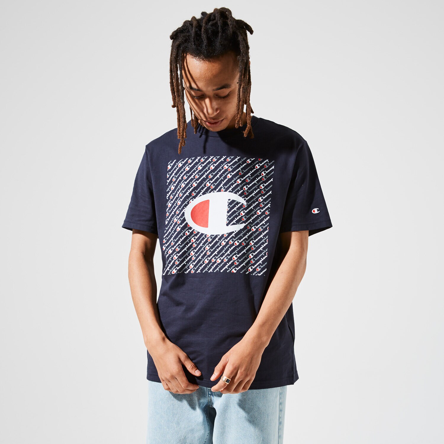 Herren T-Shirt CHAMPION T-SHIRT ALL OVER SQUARE TEE 215281BS501 Dunkelblau
