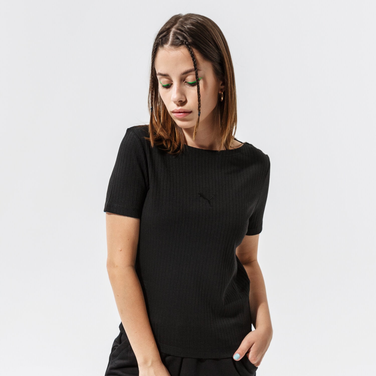 Damen T-Shirt PUMA T-SHIRT HER RIBBED SLIM TEE - PUMA BLACK 53191701 Schwarz
